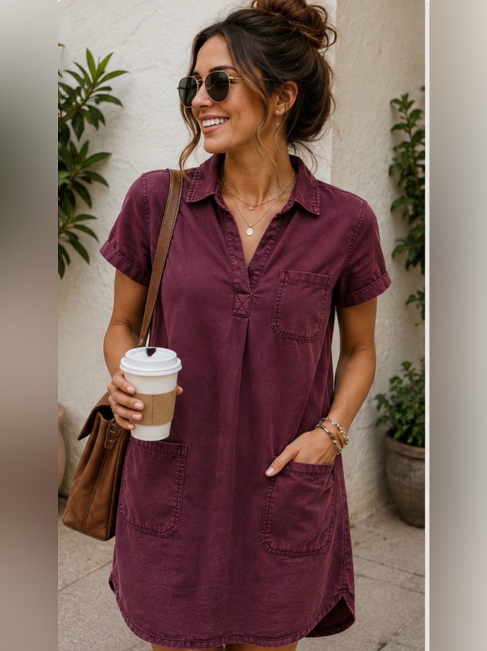 Magellan Outdoors XS Plum Lyocell Utility Shirt Dress Pocket Casual Travel